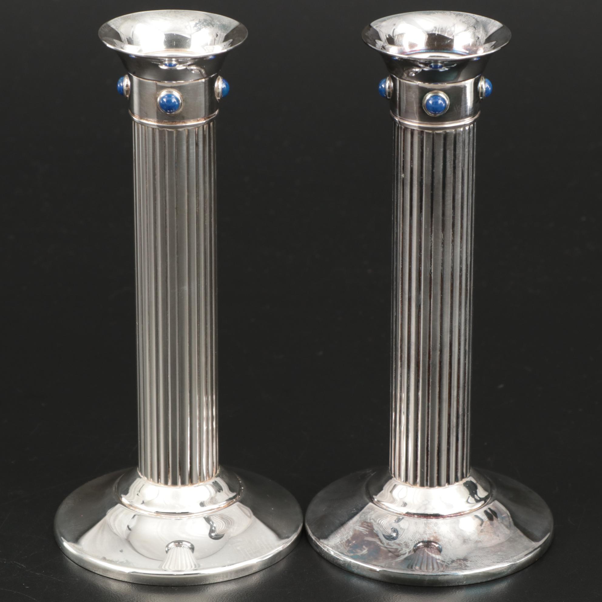 Cartier Silver Plate and Lapis Lazuli Fluted Candlesticks, 1989