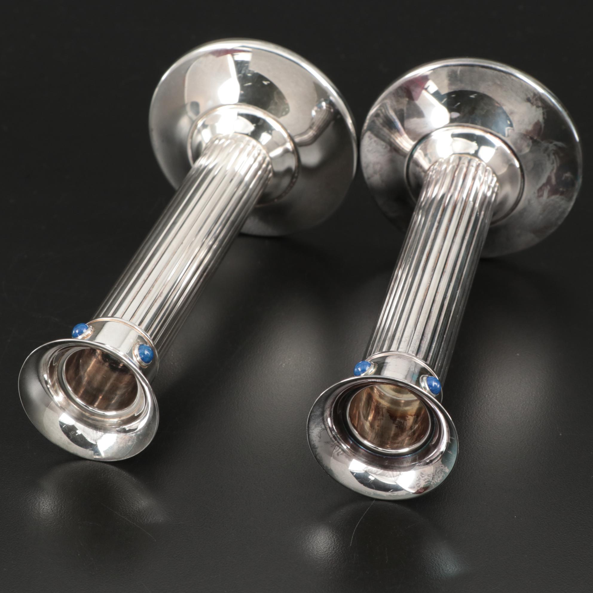 Cartier Silver Plate and Lapis Lazuli Fluted Candlesticks, 1989