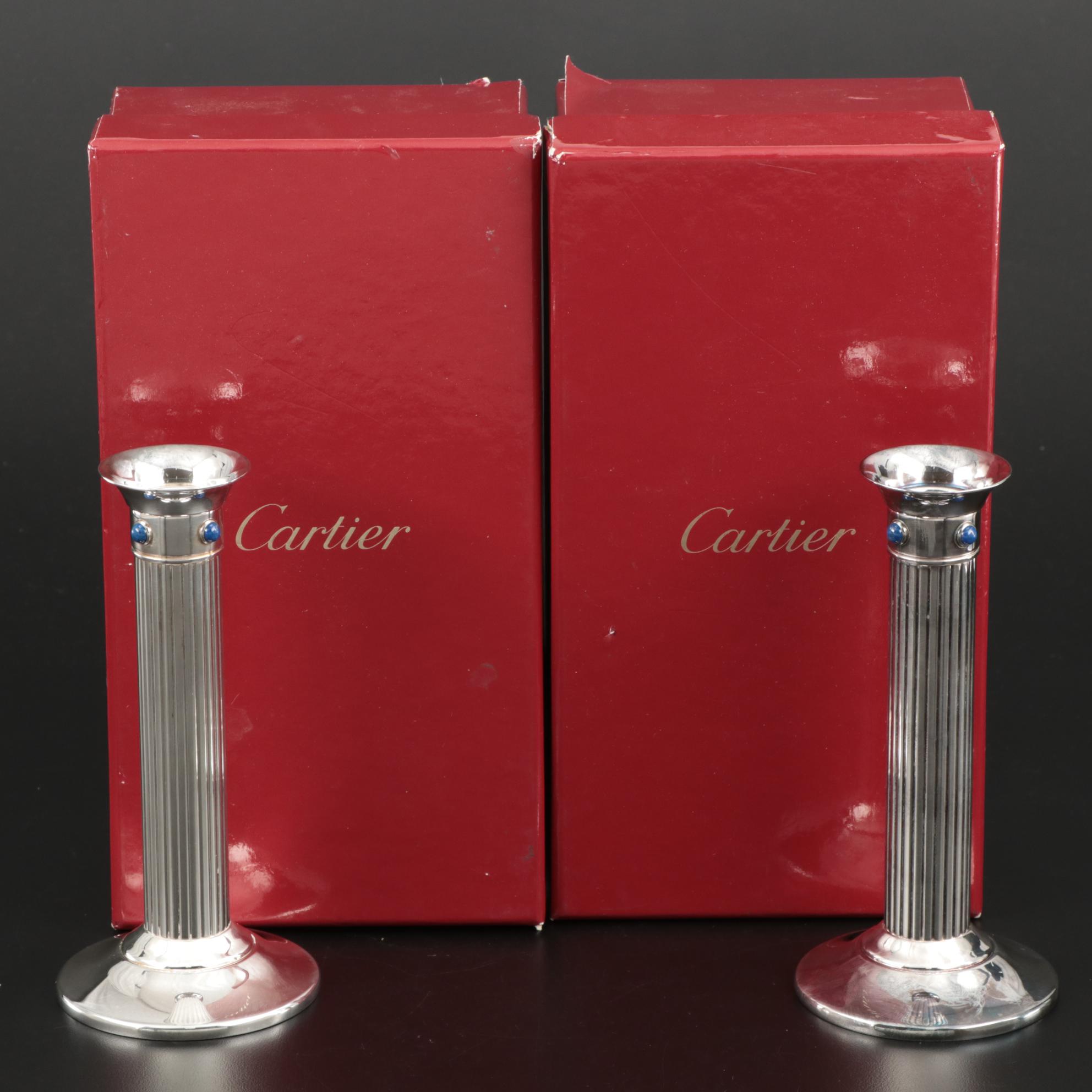 Cartier Silver Plate and Lapis Lazuli Fluted Candlesticks, 1989