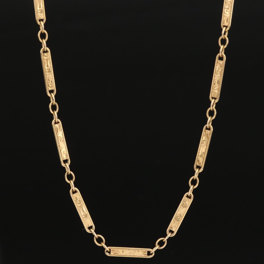 14K Etched Bar Link Necklace