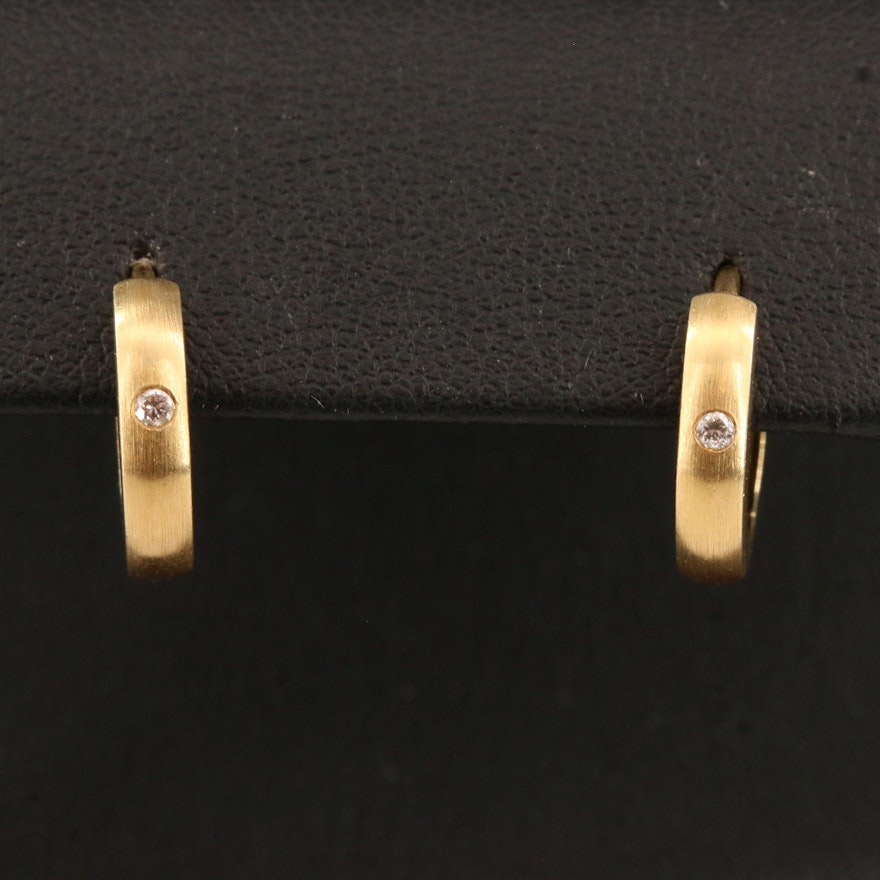 14K Huggie Hoop Earrings with Brushed Satin Finish and Diamond Accents