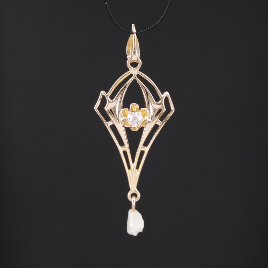Antique 14K Diamond and Pearl Lavalier Pendant