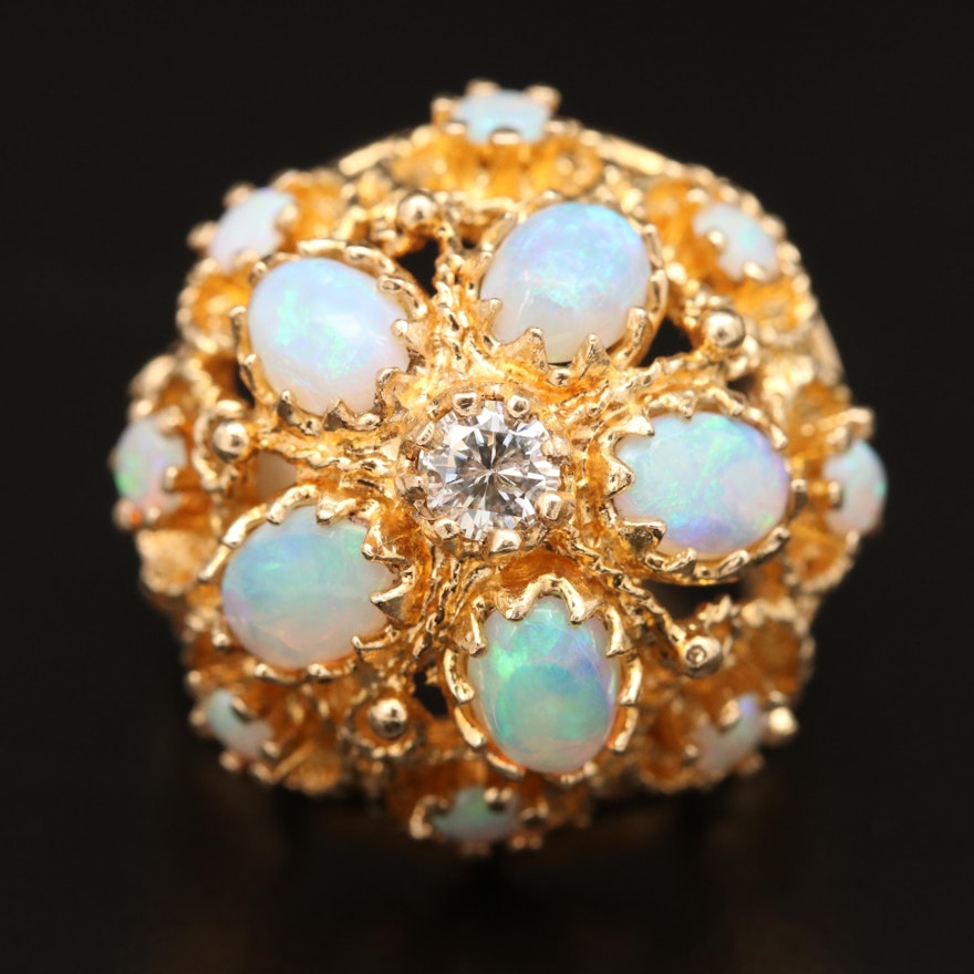 14K Opal and Diamond Openwork Domed Ring