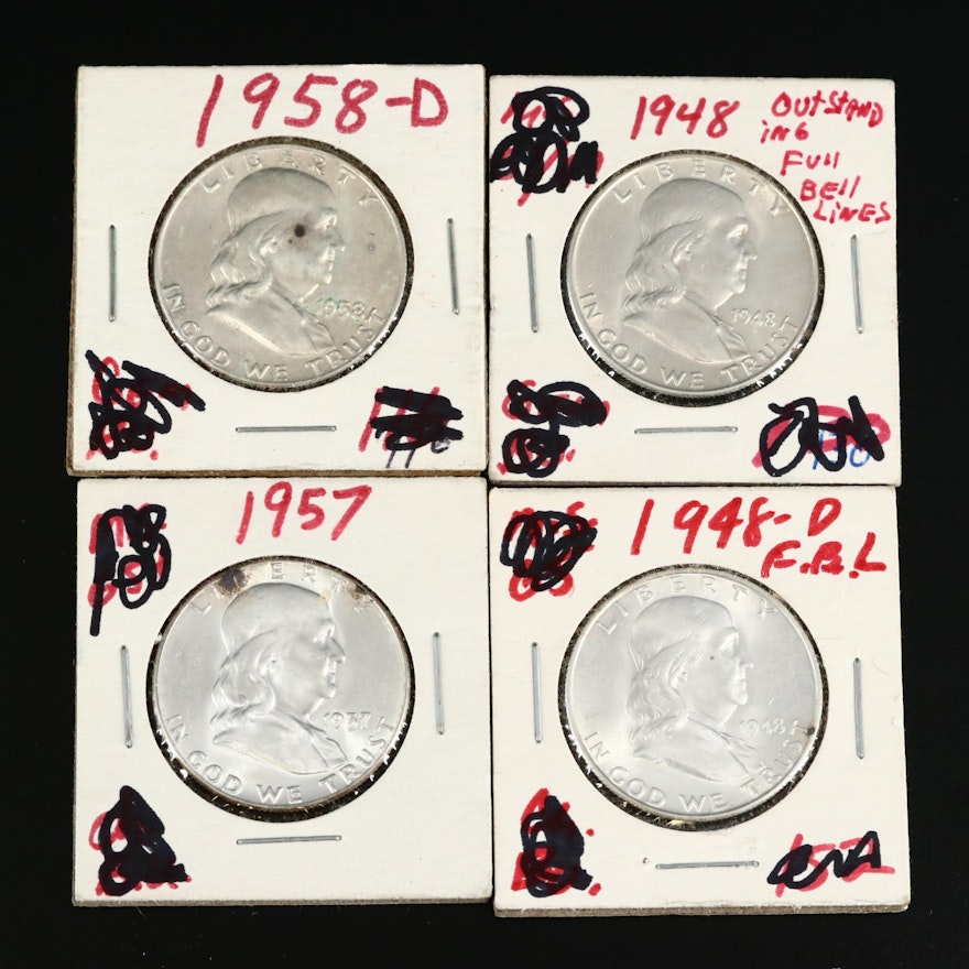 Four High Grade Franklin Silver Half Dollars, 1948 to 1958
