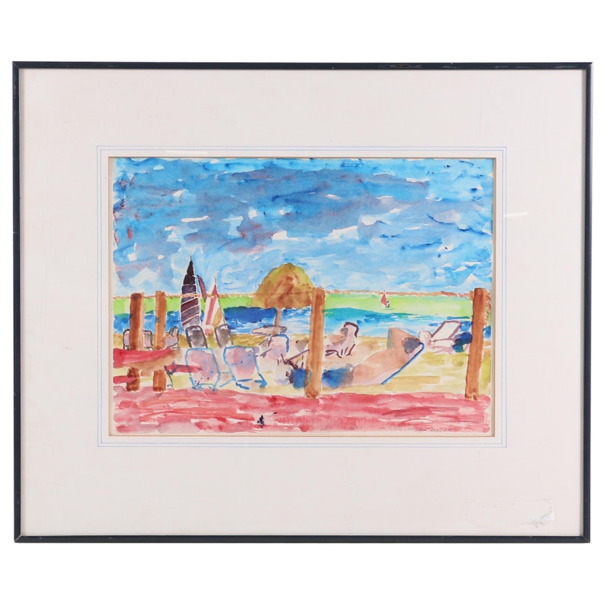 Leo E. Lipetz Watercolor Painting "Beach Holiday", 1987