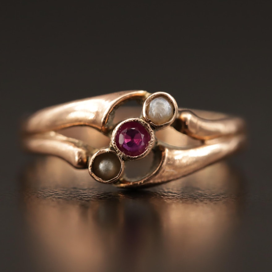 Victorian 8K Seed Pearl, Ruby and Faux Pearl Ring