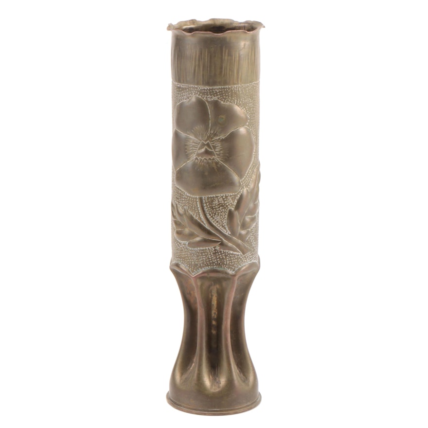 French WW1 Trench Art Artillery Shell Poppy Flower Embossed Vase, Circa 1916