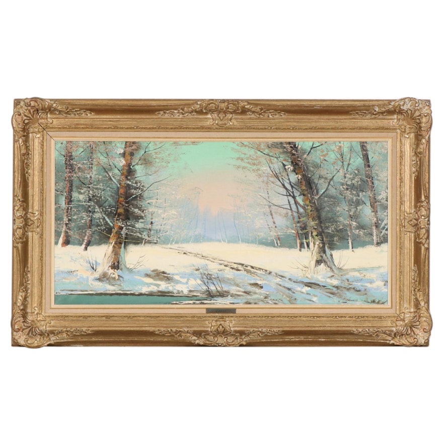 Josef Lehner Oil Painting of Winter Forest Interior, Mid to Late 20th Century