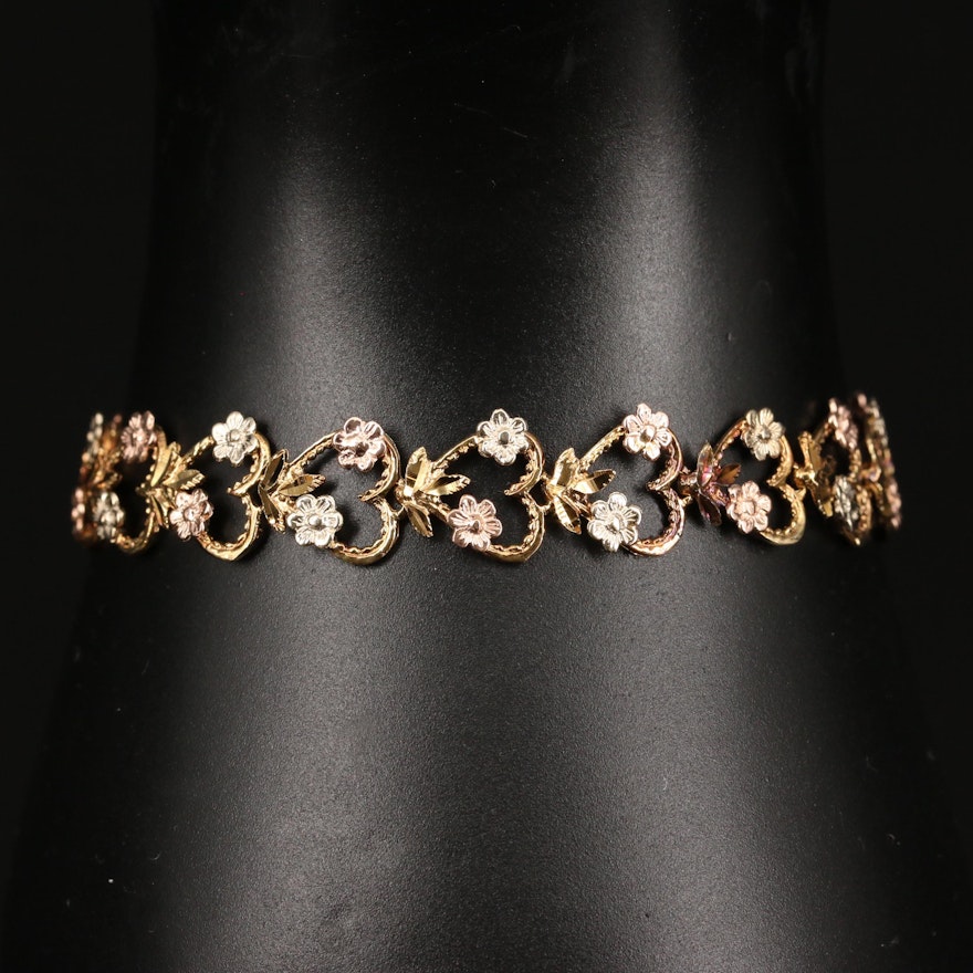 14K Tri-Color Gold Heart Link Bracelet with Floral Detailing