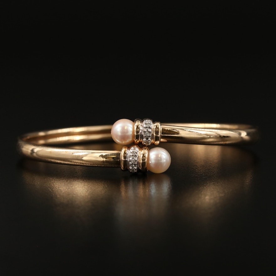 10K Pearl and Diamond Oval Bypass Bangle