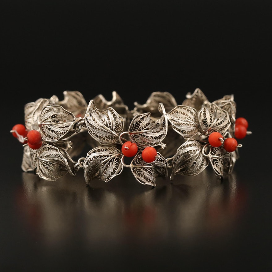 Vintage 800 Silver Coral Foliate Filigree Bracelet