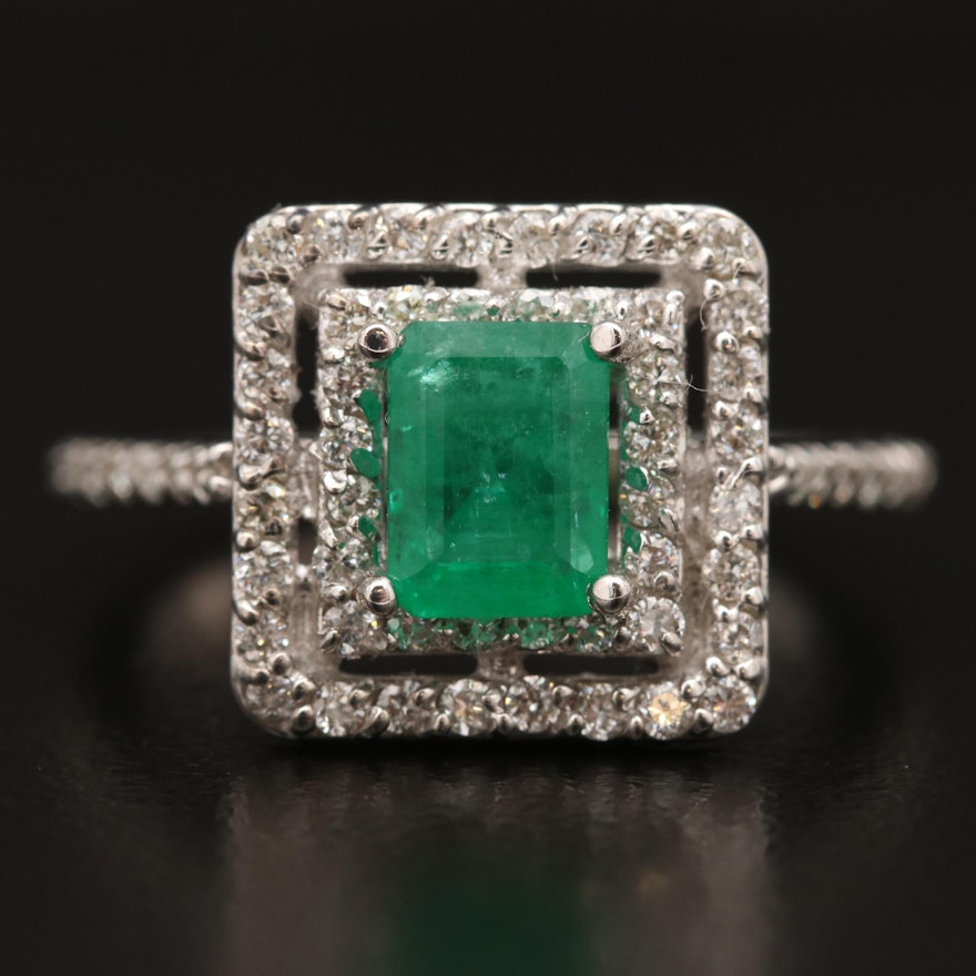 14K Emerald and Diamond Double Halo Ring