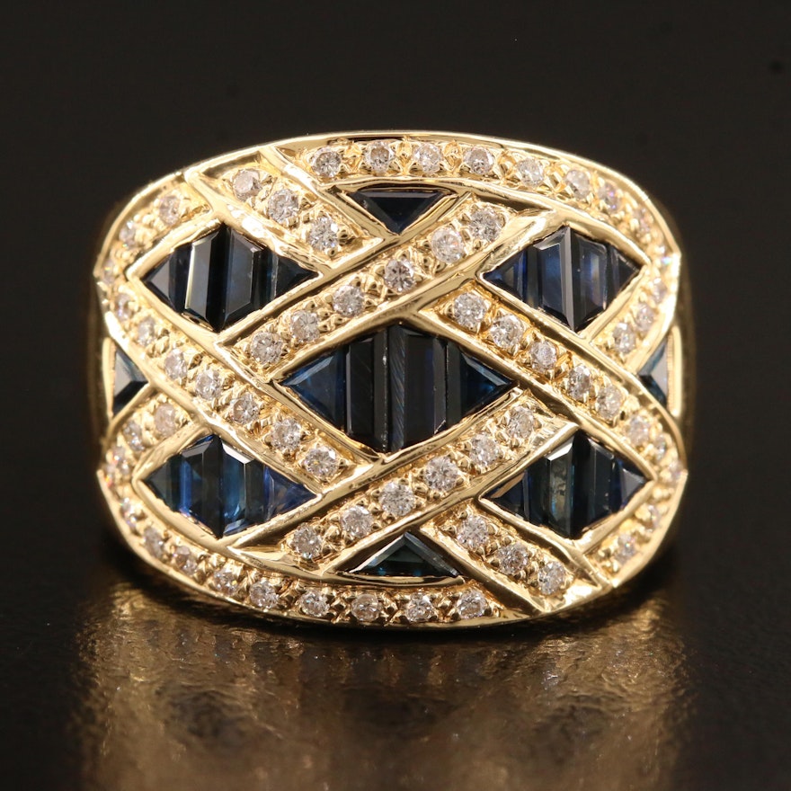 18K Blue Sapphire and Diamond Ring with Basket Weave Motif