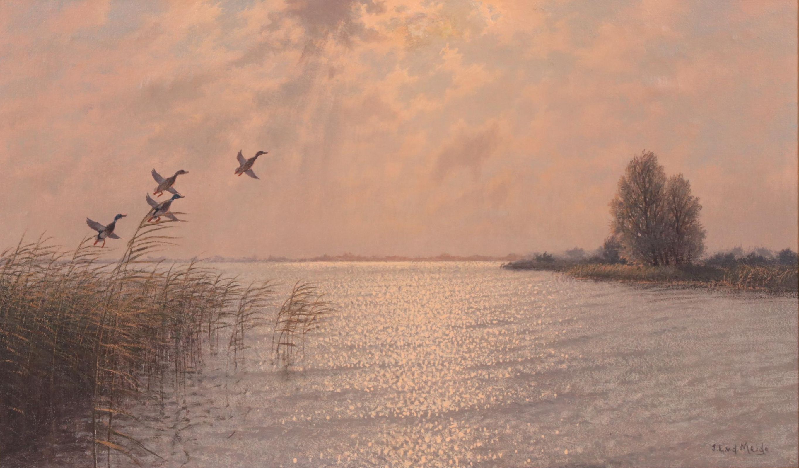 J. L. Van Der Meide Oil Painting of Marsh Landscape with Ducks