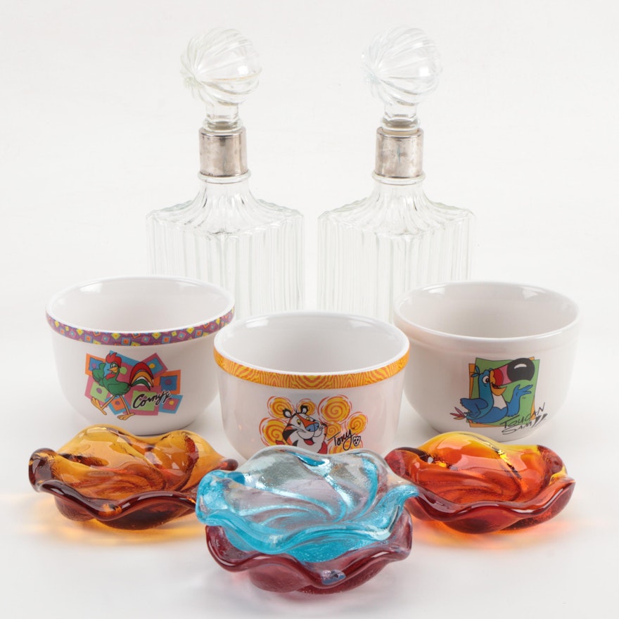 Houston Harvest Kellogg Characters Cereal Bowls, Glass Decanters and Ashtrays