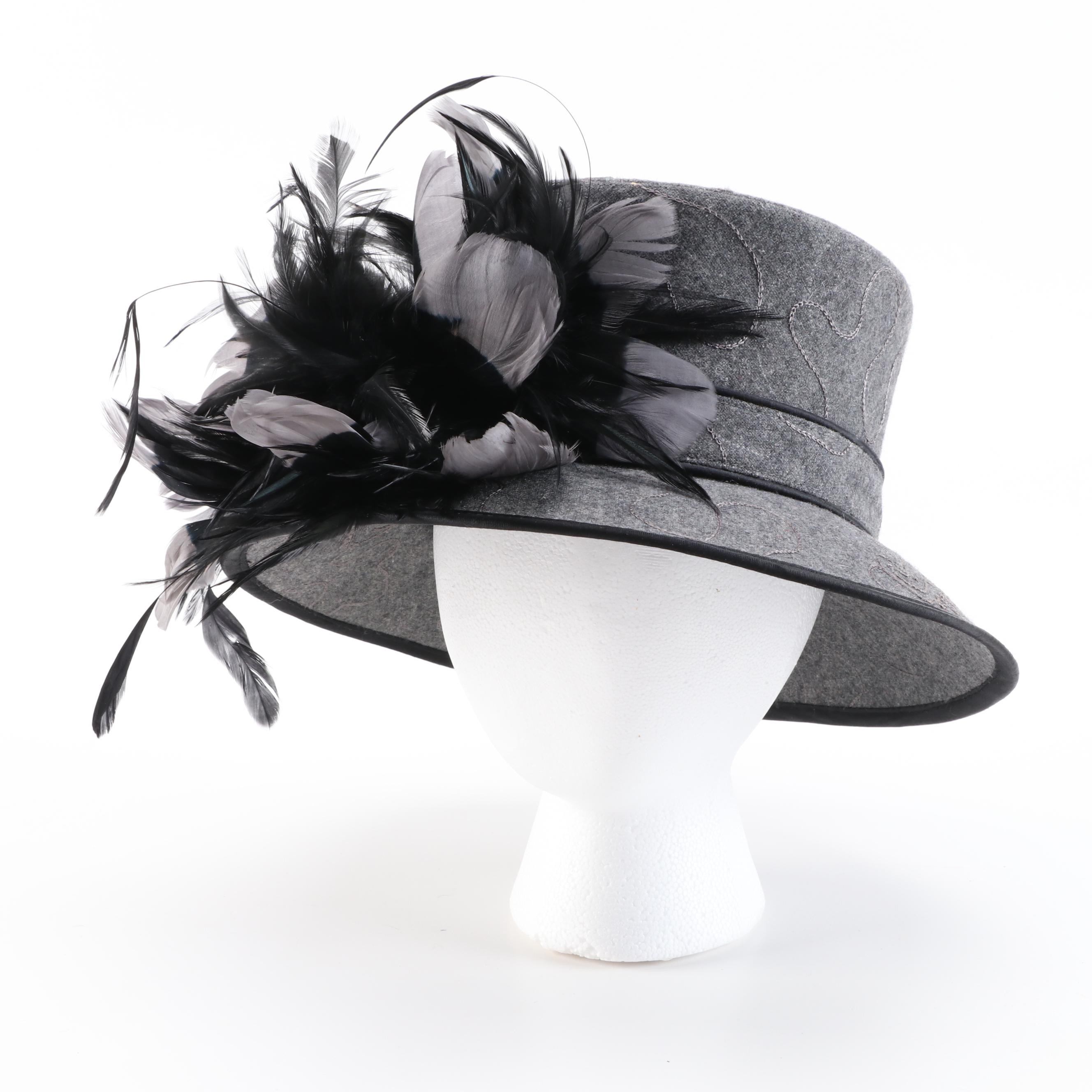 Plaza Suite New York Feather Hat in Grey and Black with Hat Box
