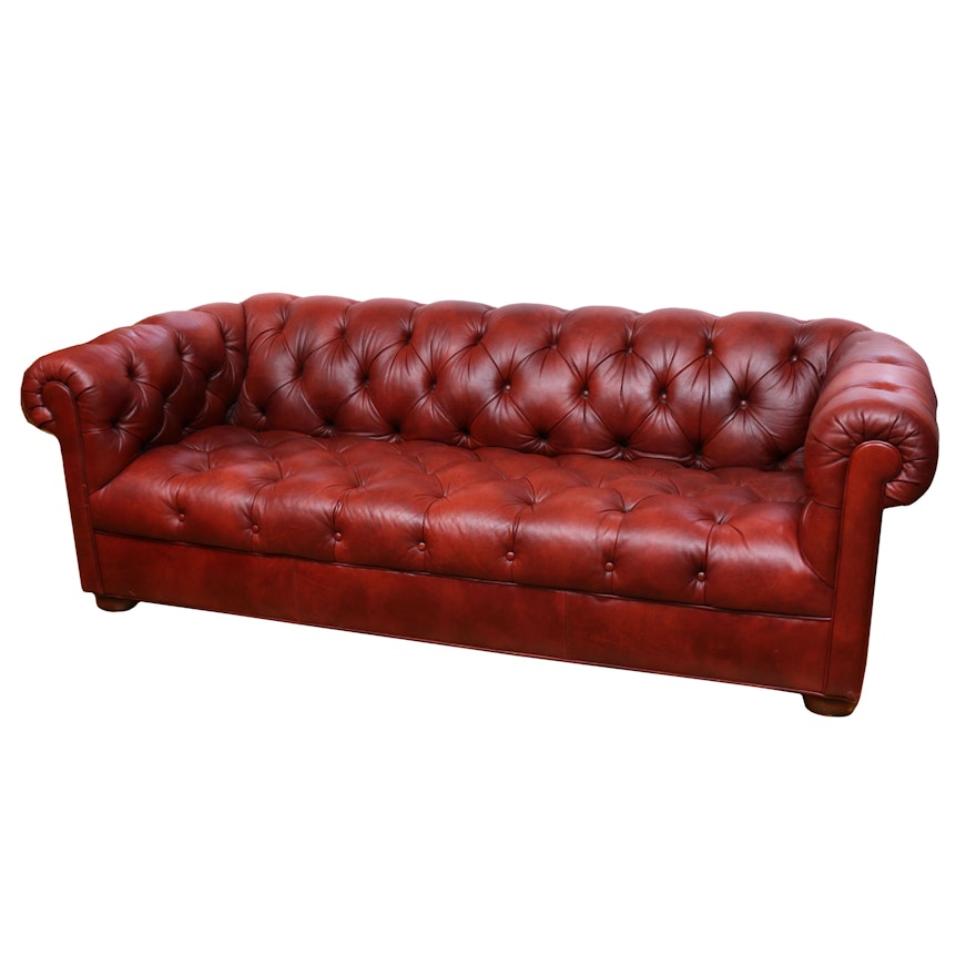Ethan Allen Oxblood Leather Chesterfield Sofa