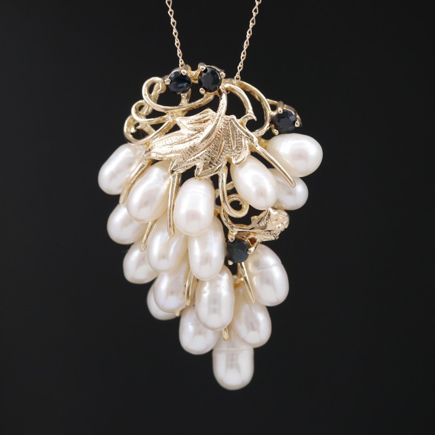 S. J. Lau 14K Pearl and Sapphire Grape Cluster Pendant Necklace