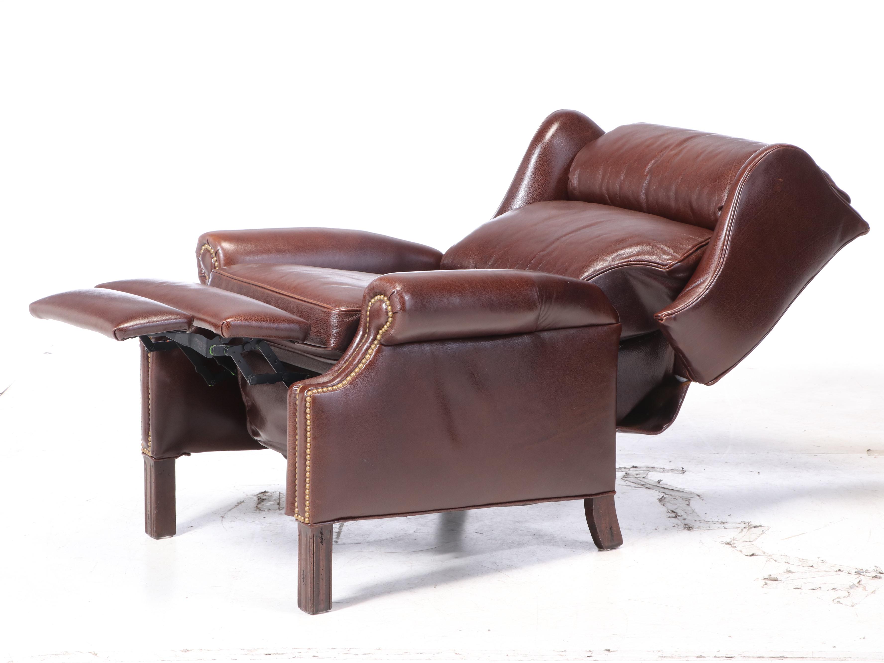 Hancock & Moore Chippendale Style Leather and Brass-Tacked Wingback Recliner