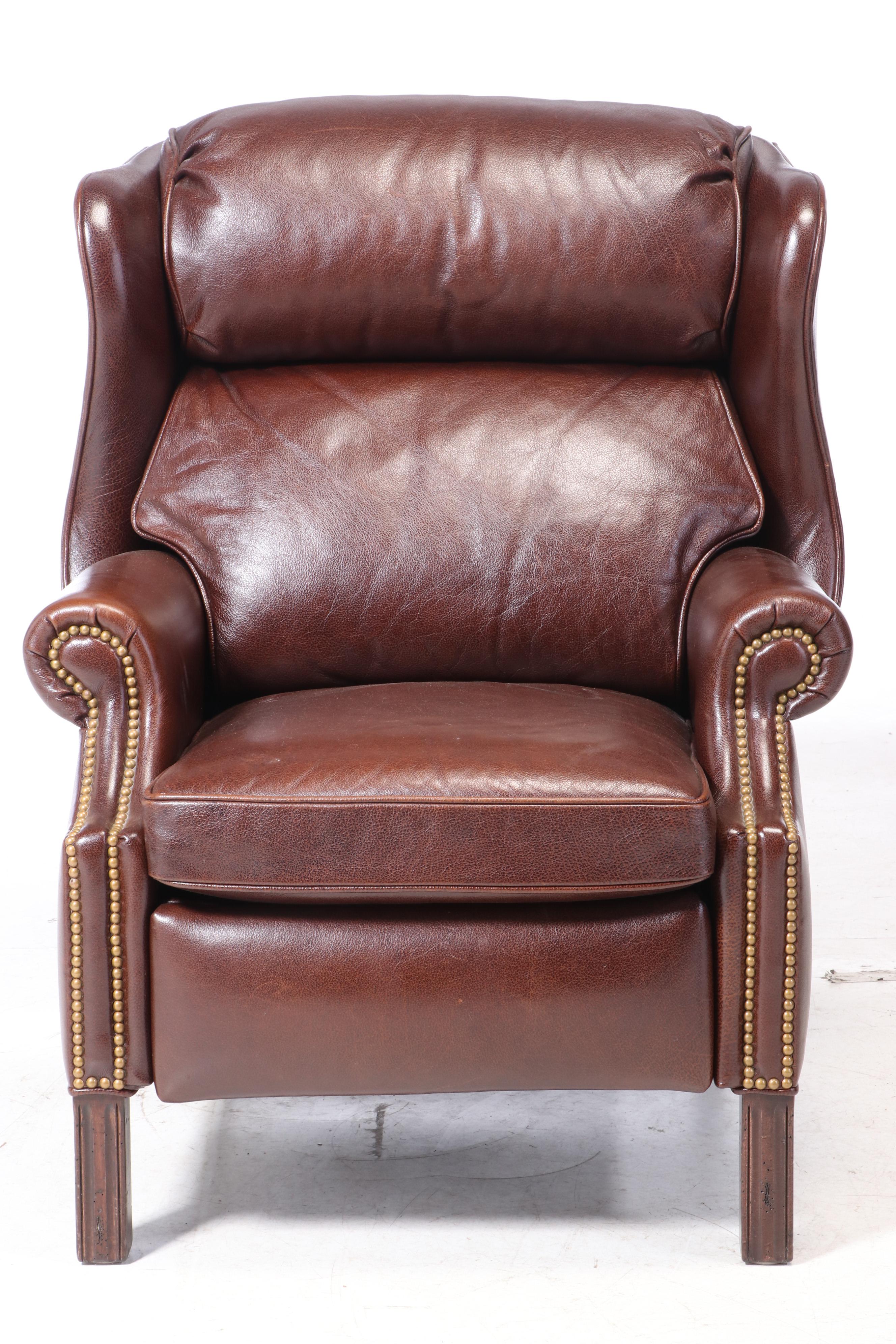 Hancock & Moore Chippendale Style Leather and Brass-Tacked Wingback Recliner