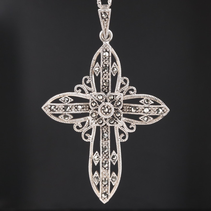 Sterling Marcasite Cross Pendant on Singapore Chain