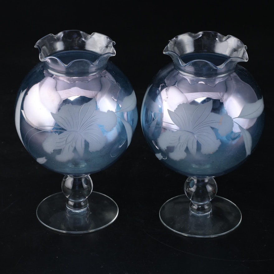 Pair of Etched Blue Glass Rose Bowls, Mid to Late 20th Century