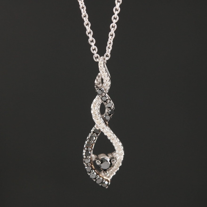 Sterling Diamond and Black Diamond Twist Pendant Necklace