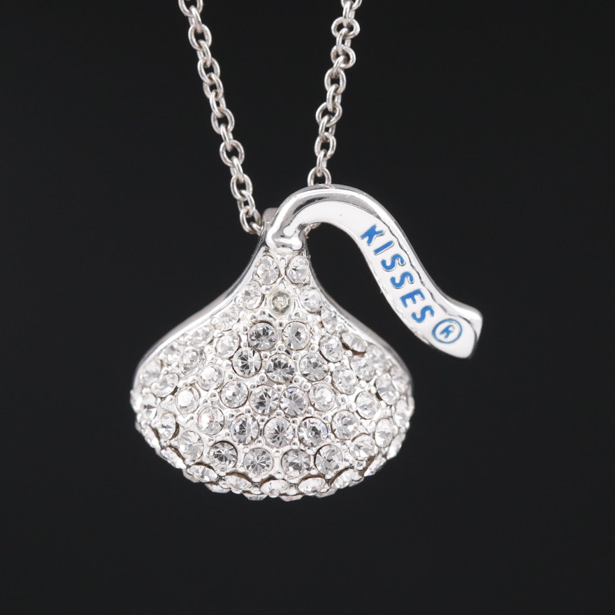 "Kisses" Rhinestone and Enamel Candy Pendant on Sterling Silver Chain Necklace