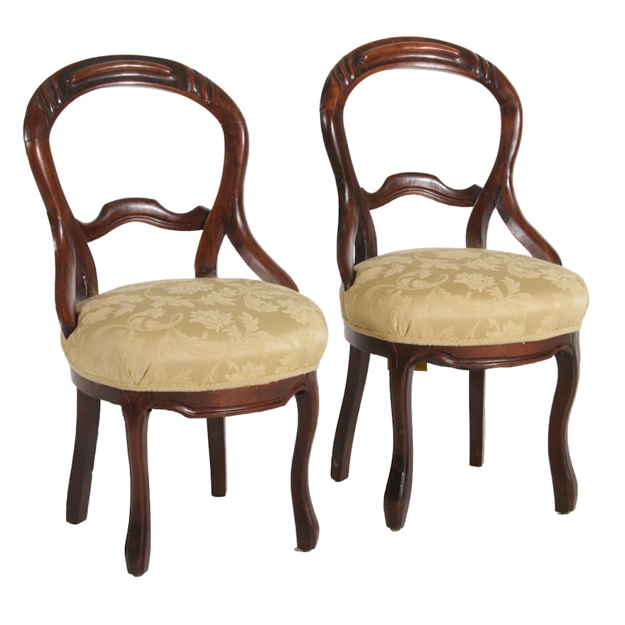 Pair of Victorian Balloon Back Walnut Side Chairs, Early 20th Century