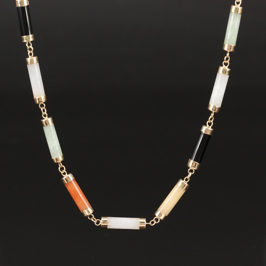 14K Multi-Color Jadeite and Black Onyx Bar Link Necklace