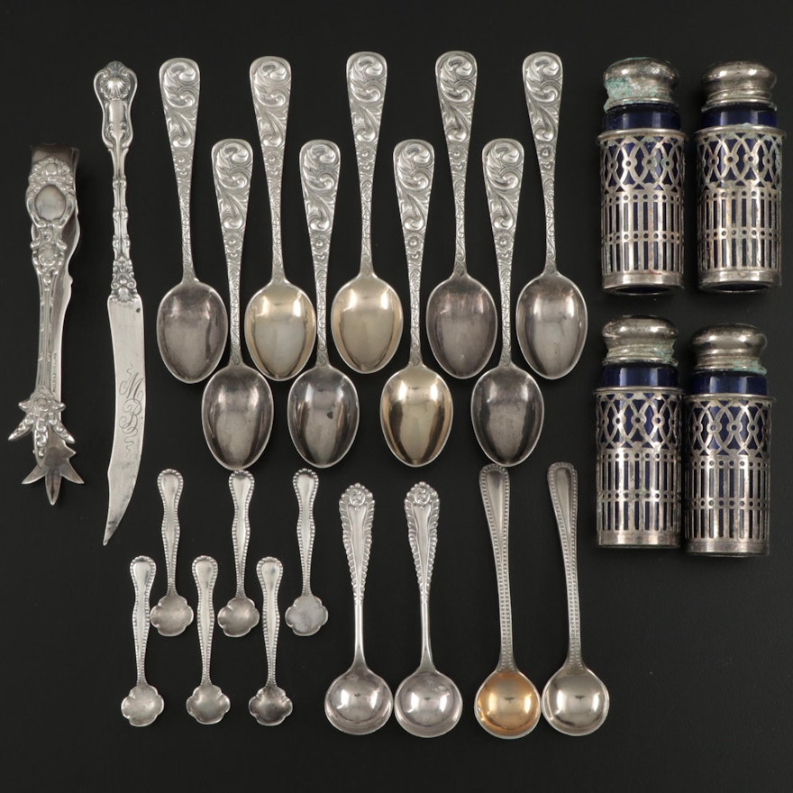 Durgin "Scroll" Sterling Demitasse Spoons with Other Salt Spoons and Shakers