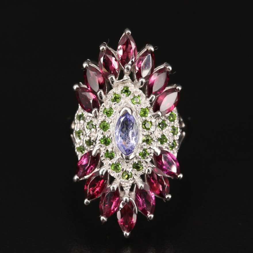 Sterling Silver Tanzanite, Rhodolite Garnet and Diopside Cluster Navette Ring