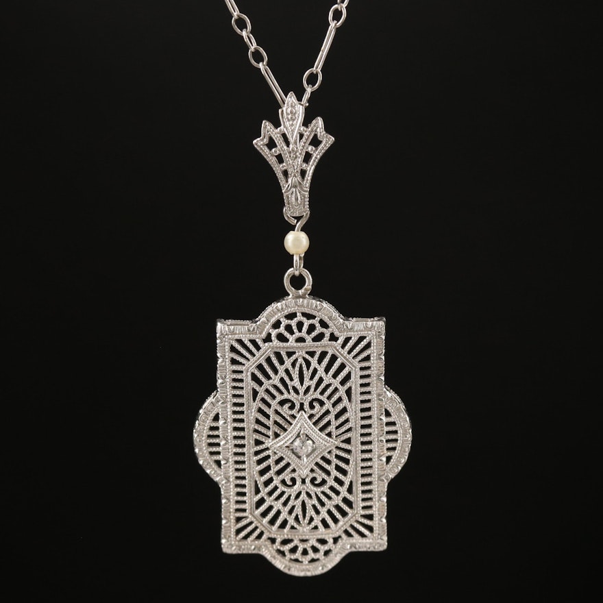 Art Deco Inspired 10K Diamond and Pearl Filigree Pendant Necklace