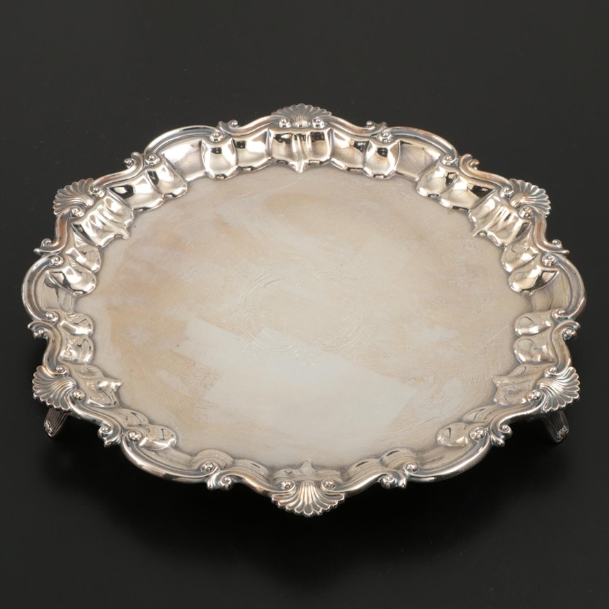 Silver Plate Footed Salver with Shell and Scroll Rims, Early 20th Century
