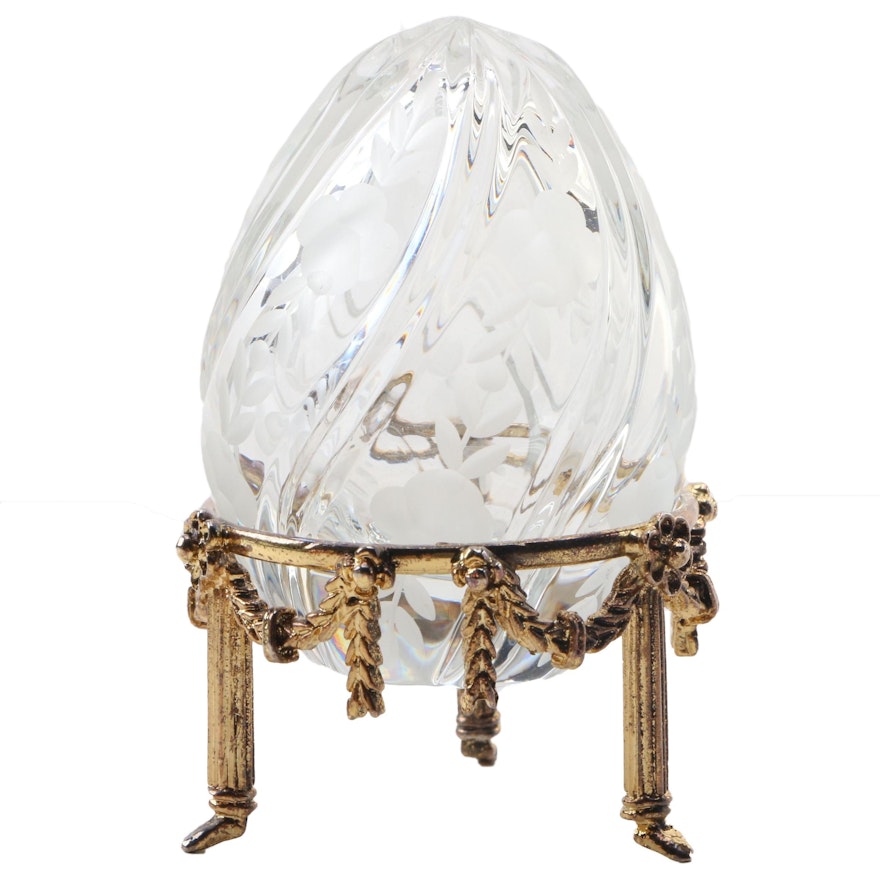 Fabergé Etched Crystal Egg Figurine with Garland Motif Metal Stand