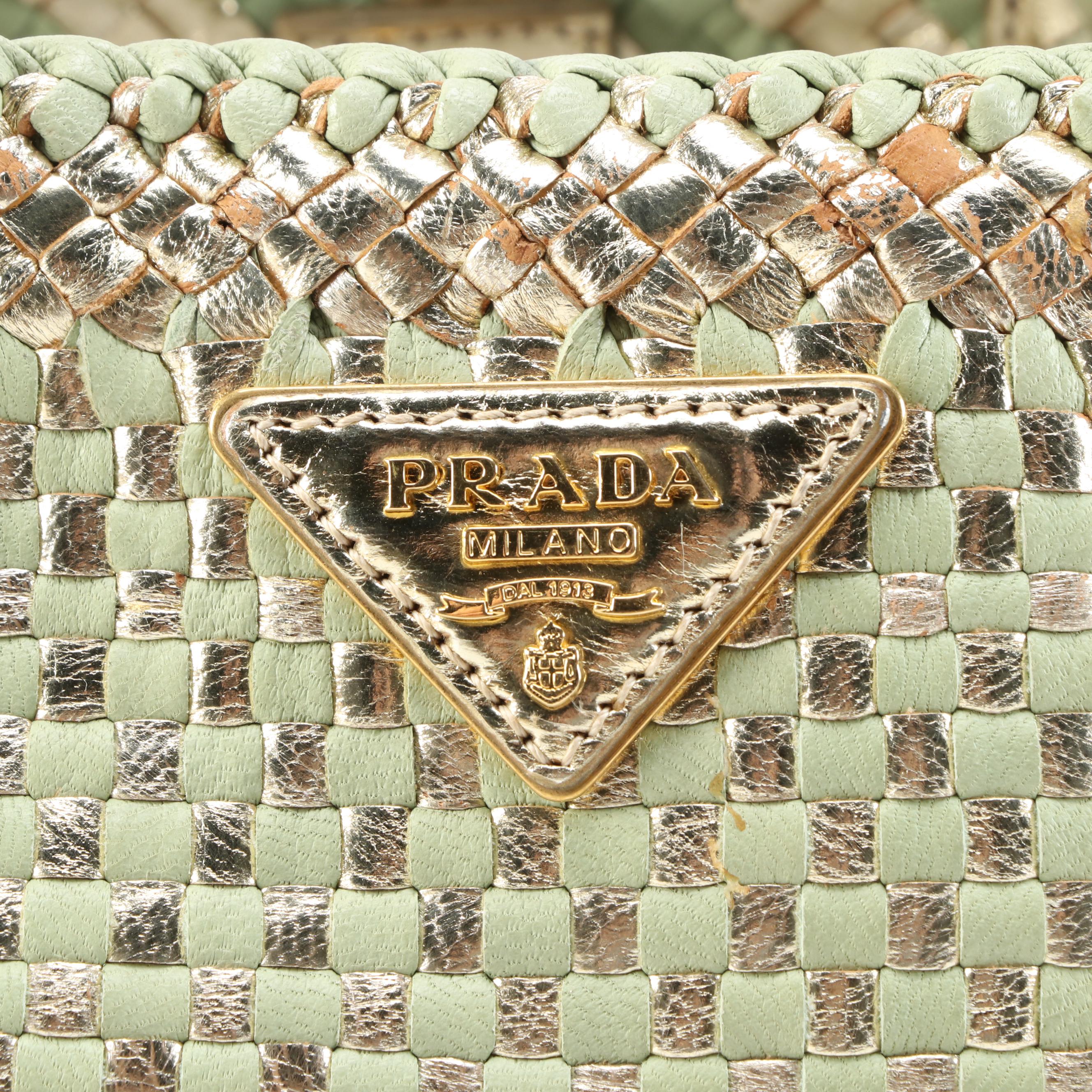 Prada Light Green and Metallic Gold Woven Leather Small Two-Way Tote