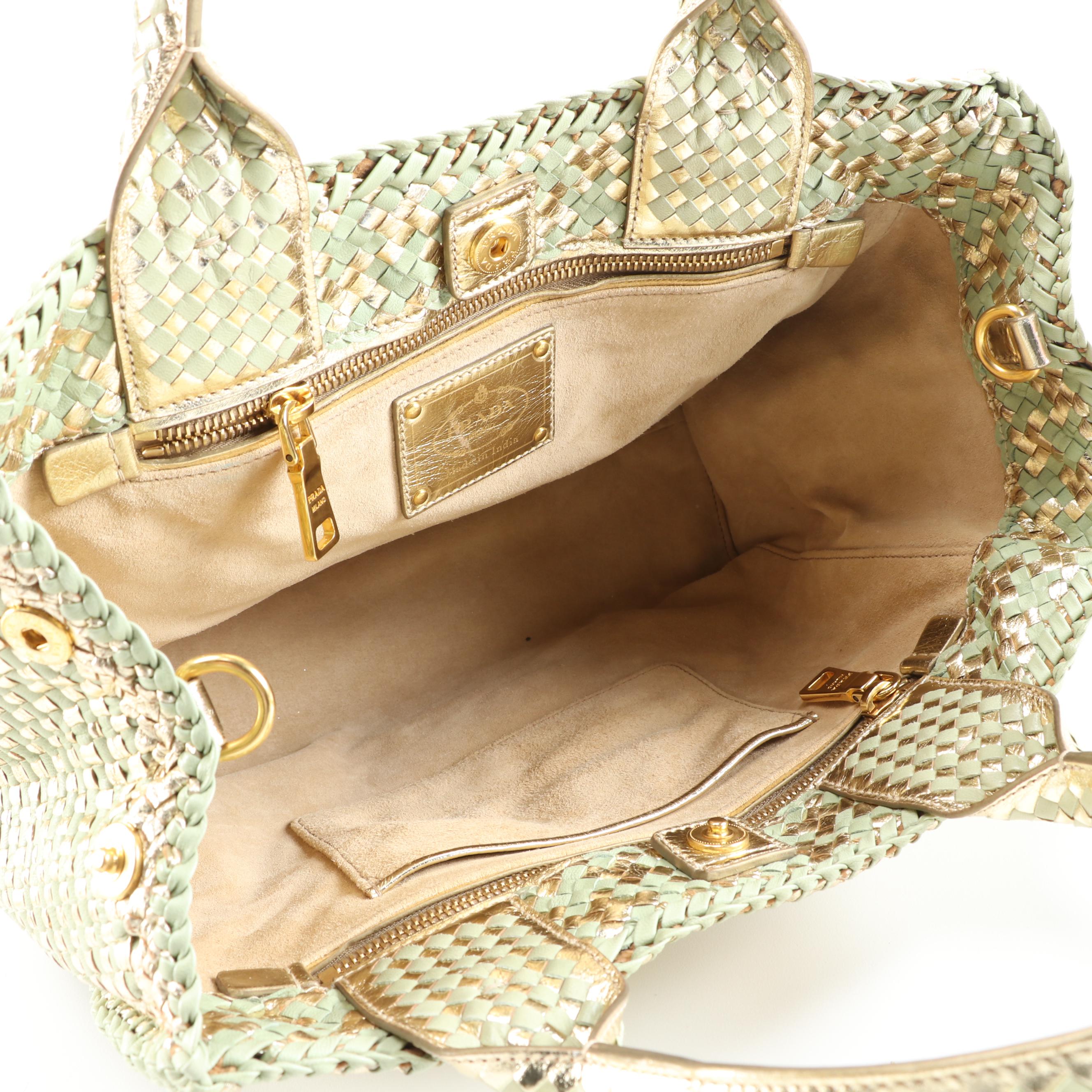 Prada Light Green and Metallic Gold Woven Leather Small Two-Way Tote