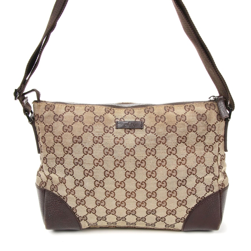 Gucci GG Canvas and Brown Leather Crossbody Bag