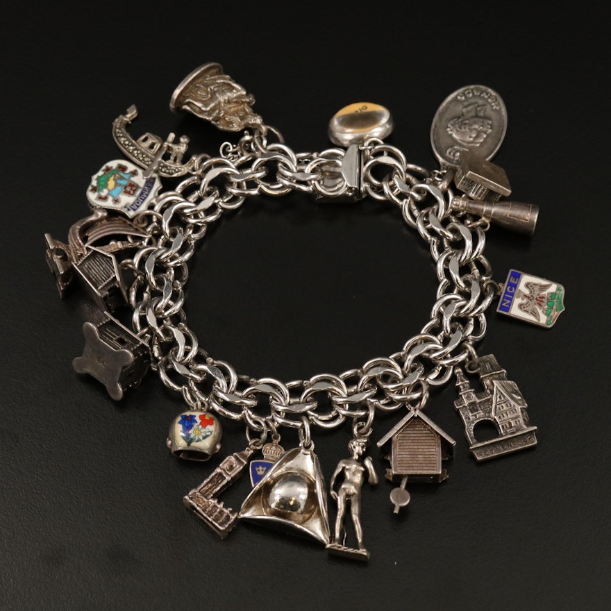 Vintage Sterling and 800 Silver Travel Charm Bracelet