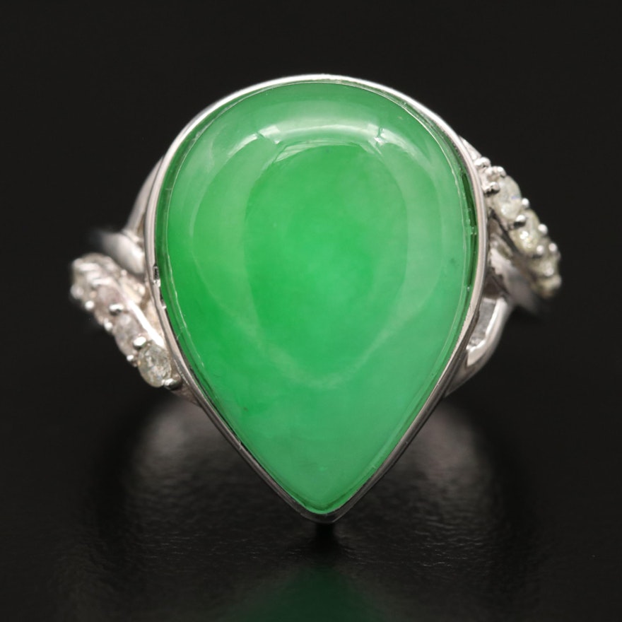 Sterling Silver Jadeite Ring with Diamond Accents