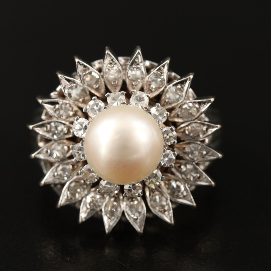 Vintage 14K Pearl and Diamond Ring with Palladium Accents