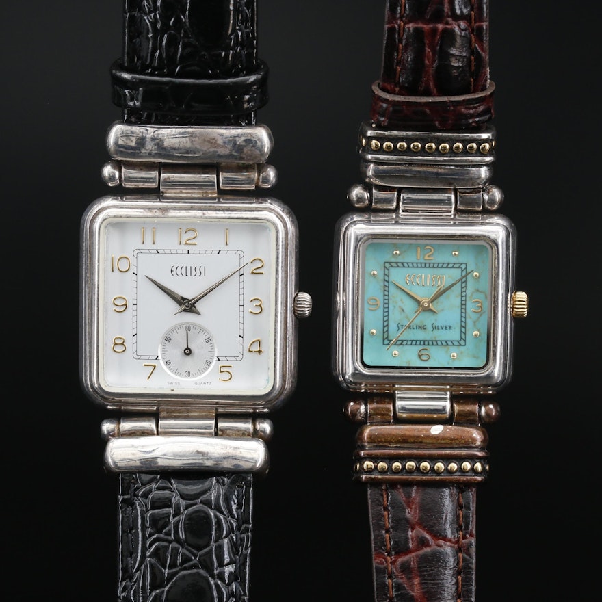 Pair of Ecclissi Sterling Silver and Leather Quartz Wristwatches