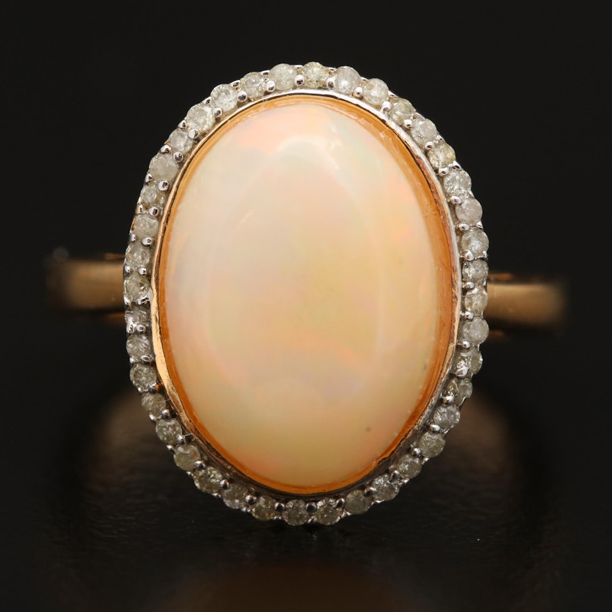 Sterling Silver Opal and Diamond Halo Ring