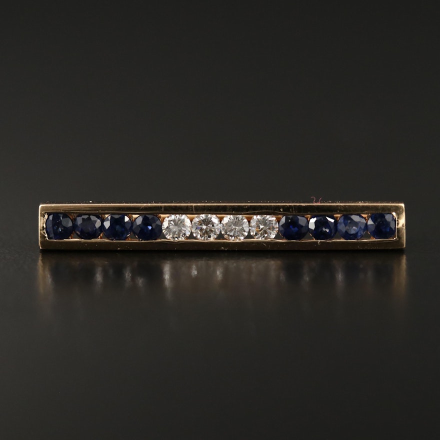 14K Round Faceted Sapphire and Diamond Bar Brooch