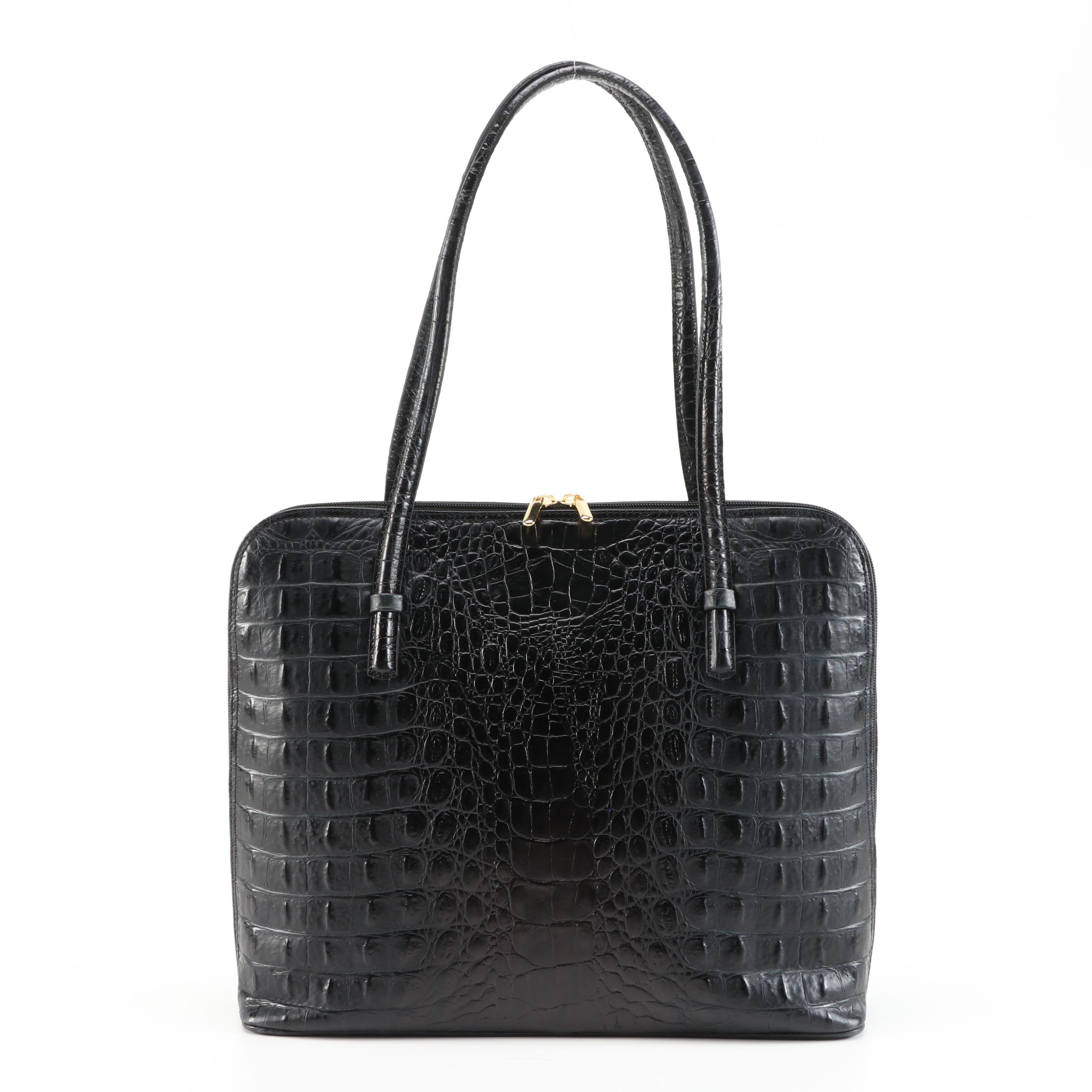 Algo Top Handle Bag in Black Crocodile Embossed Leather