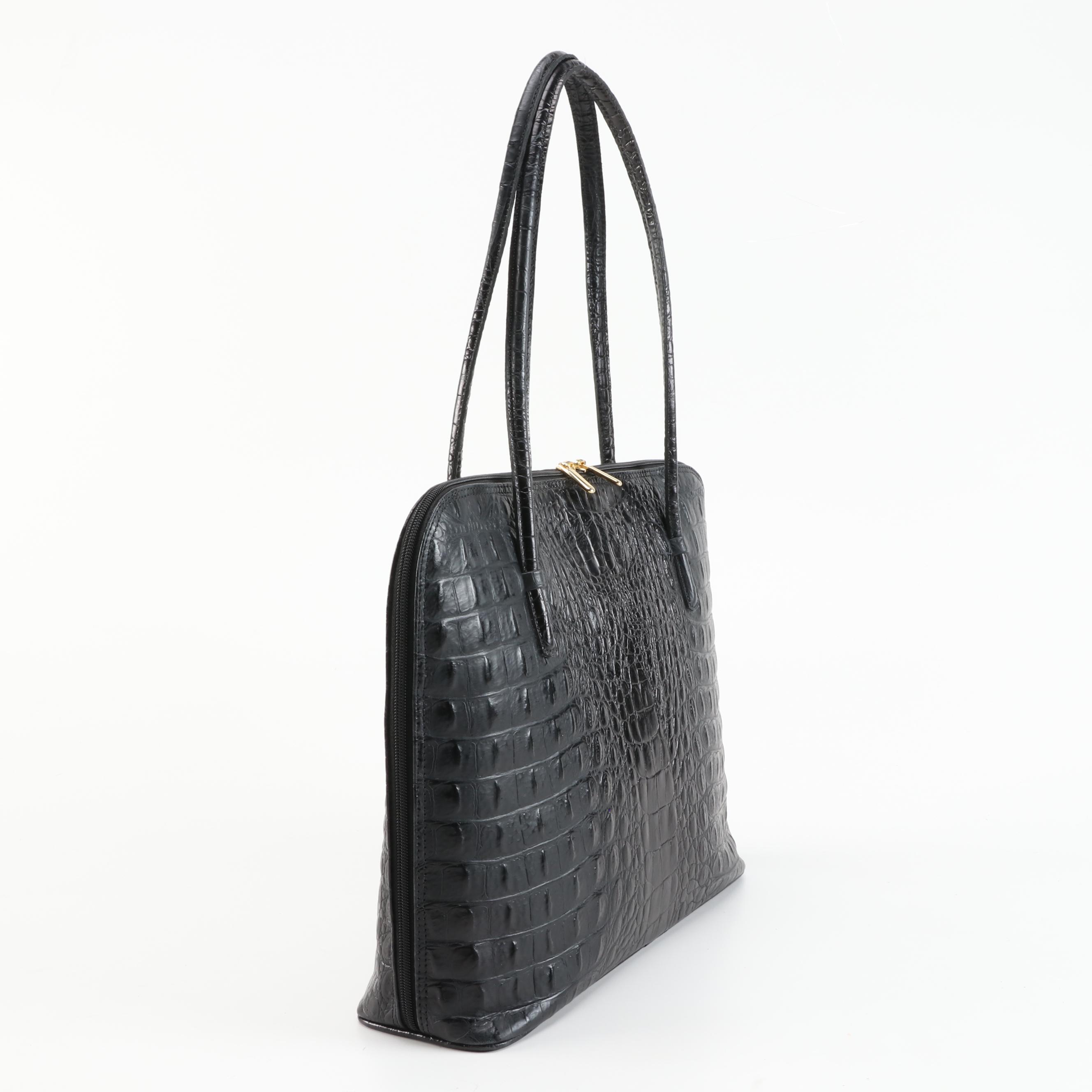 Algo Top Handle Bag in Black Crocodile Embossed Leather