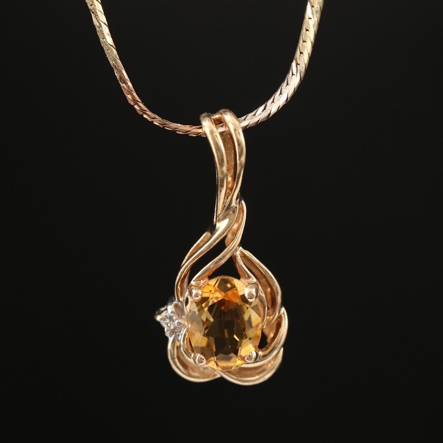 14K Citrine and Diamond Pendant on Rose, Green and Yellow Gold Patterned Chain