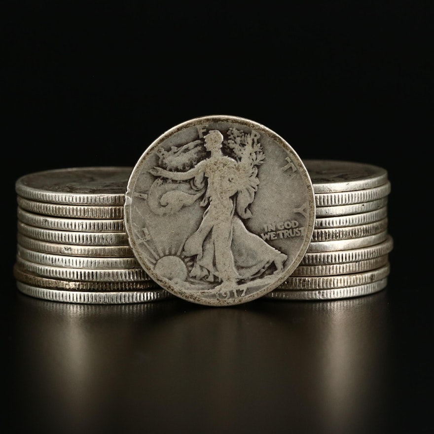 Twenty Walking Liberty Silver Half Dollars, 1917 to 1943