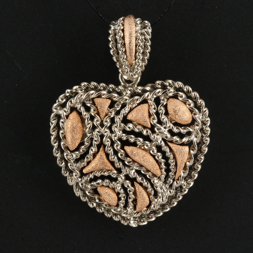 18K Textured and Rope Twisted Openwork Heart Pendant