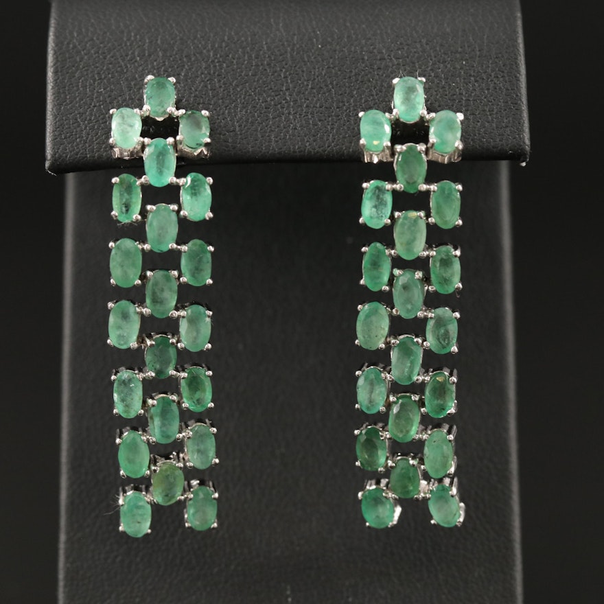 Sterling Silver Three Row Emerald Earrings